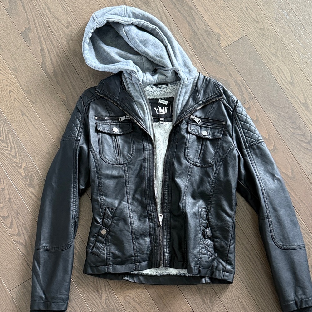 YMI Black Faux Leather Jacket with Gray Hood